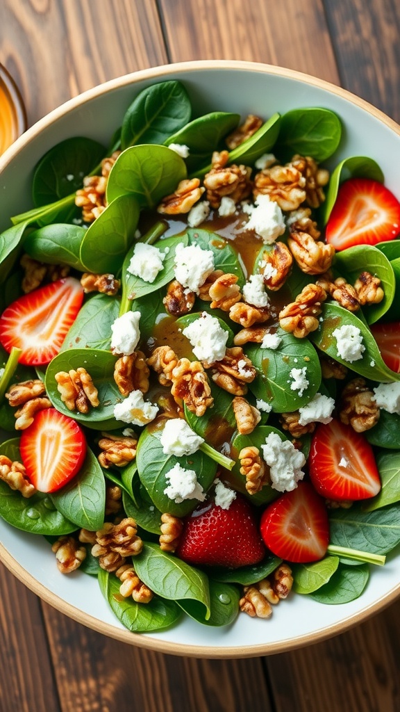 A colorful spinach and walnut salad with strawberries and feta cheese in a bowl, drizzled with balsamic dressing.